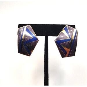 Vintage 80's Mona So Gold Tone and Blue Enamel Earrings